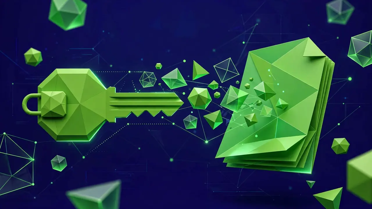 Abstract illustration of a locked key over a document symbolizing intellectual property ownership on a deep navy background.