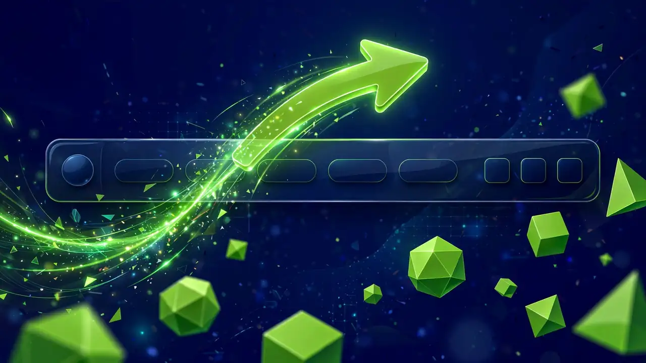Abstract illustration of a glowing arrow skipping over a website header bar, representing skip to content navigation, on a deep navy background with green shapes.