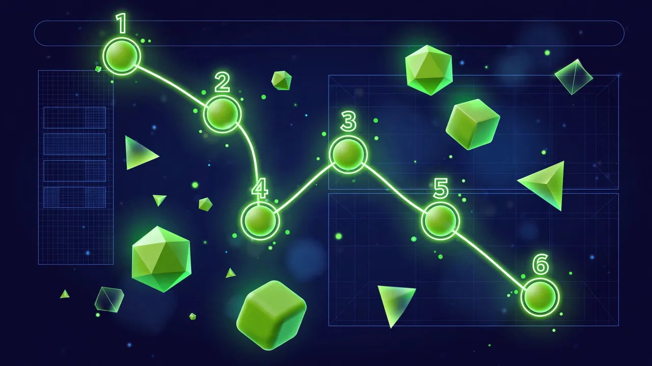 Abstract illustration of numbered glowing nodes connected in a zigzag path across a website wireframe, representing logical tab order, on a deep navy background with green shapes.