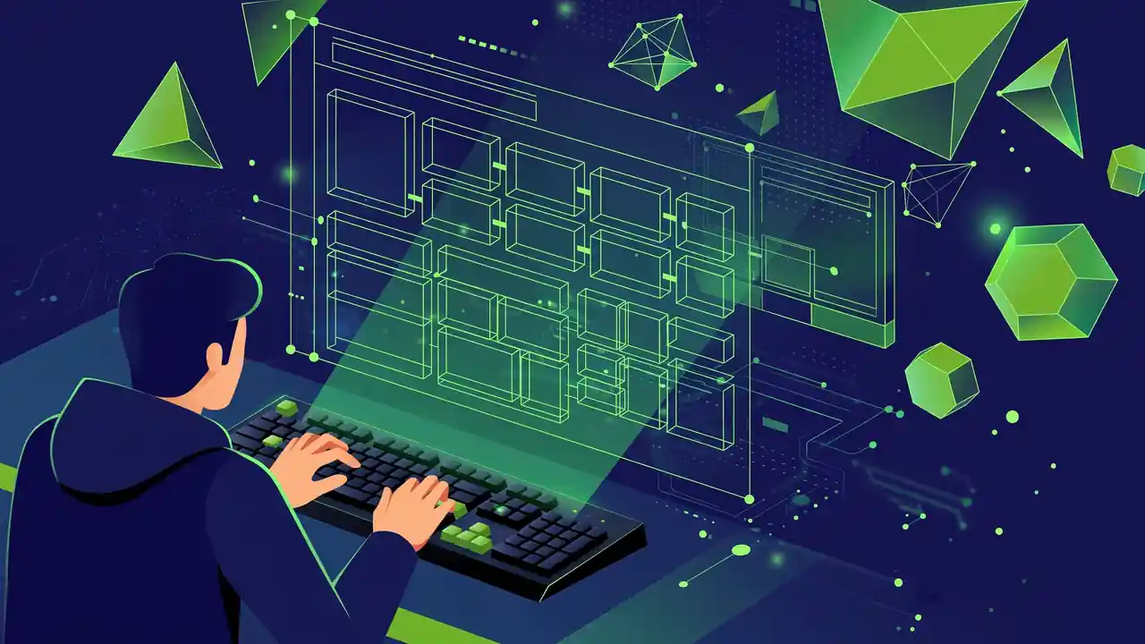 Abstract illustration of hands on a keyboard with a website wireframe projected above, representing keyboard-only accessibility testing, on a deep navy background with green shapes.