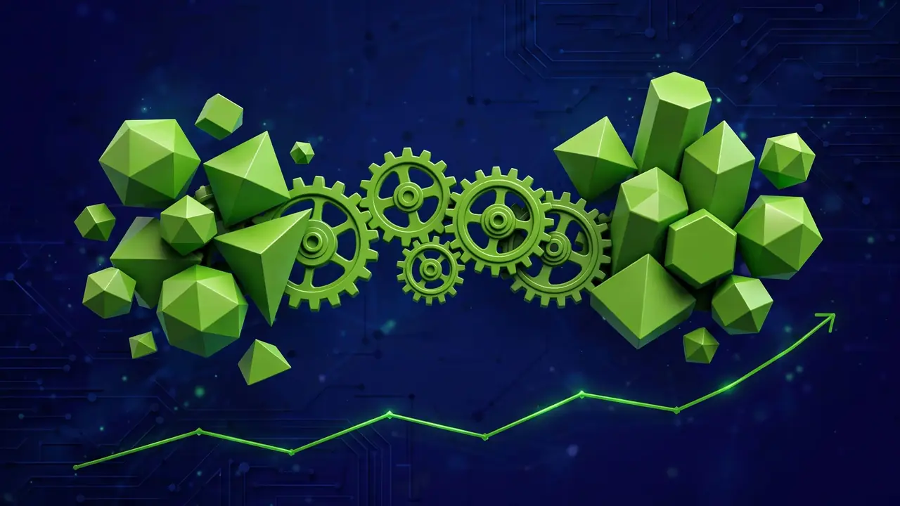 Abstract illustration of a funnel transforming one-time project blocks into recurring monthly tokens on a navy background