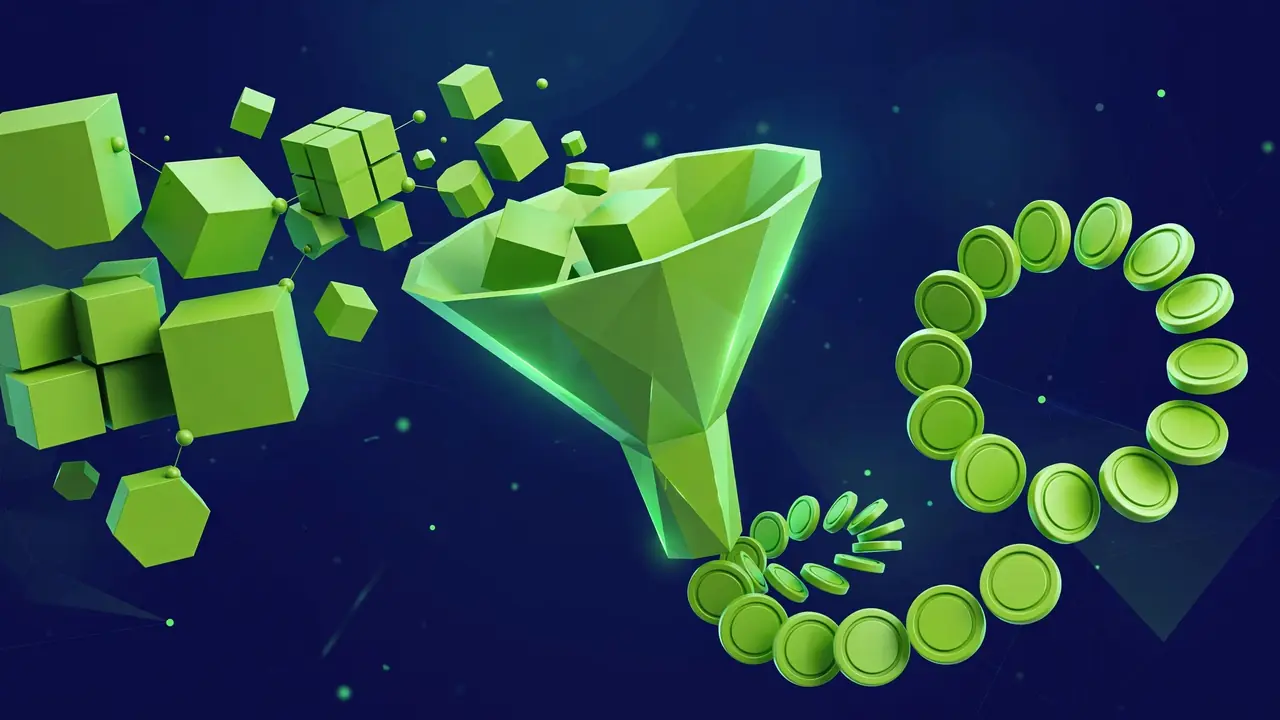 Abstract illustration of three interlocking puzzle pieces above a trophy on a navy background
