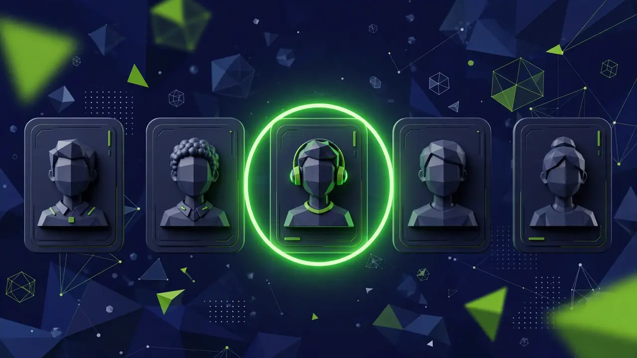 A row of 3D user profile cards with one highlighted in green, representing a user account audit
