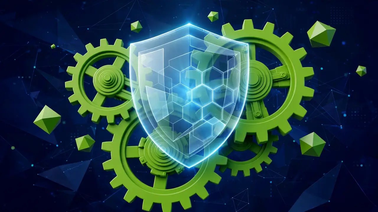 3D gears interlocked with a glowing shield, representing security configuration hardening