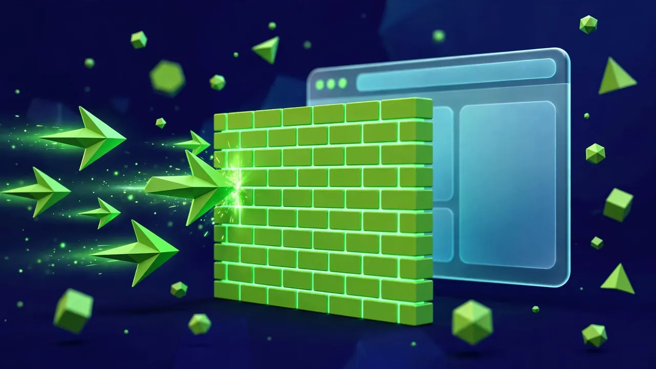 A glowing green brick wall blocking incoming attack arrows with a safe browser behind it, representing CSP protection