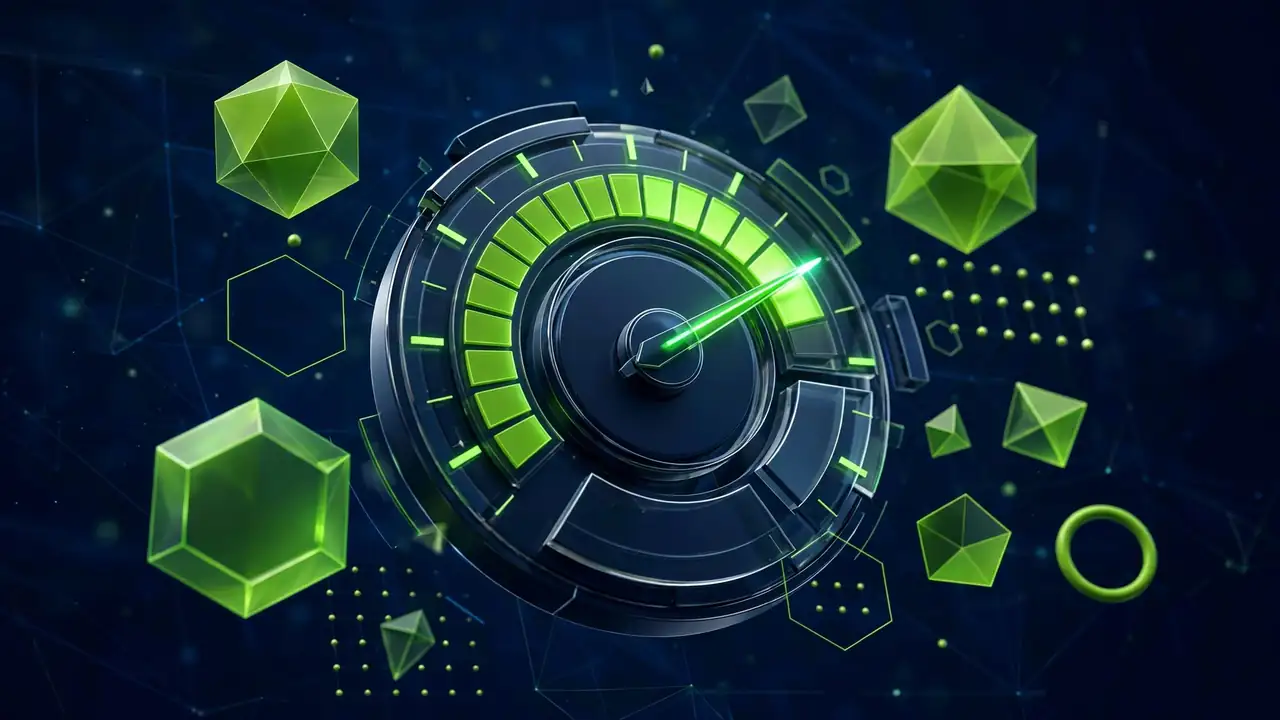 A 3D gauge with needle in the green zone, representing a high security headers test score