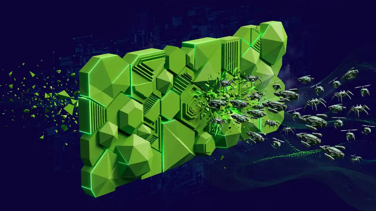 Abstract illustration of a rising bar chart turning into a protective umbrella over websites, security trends review concept