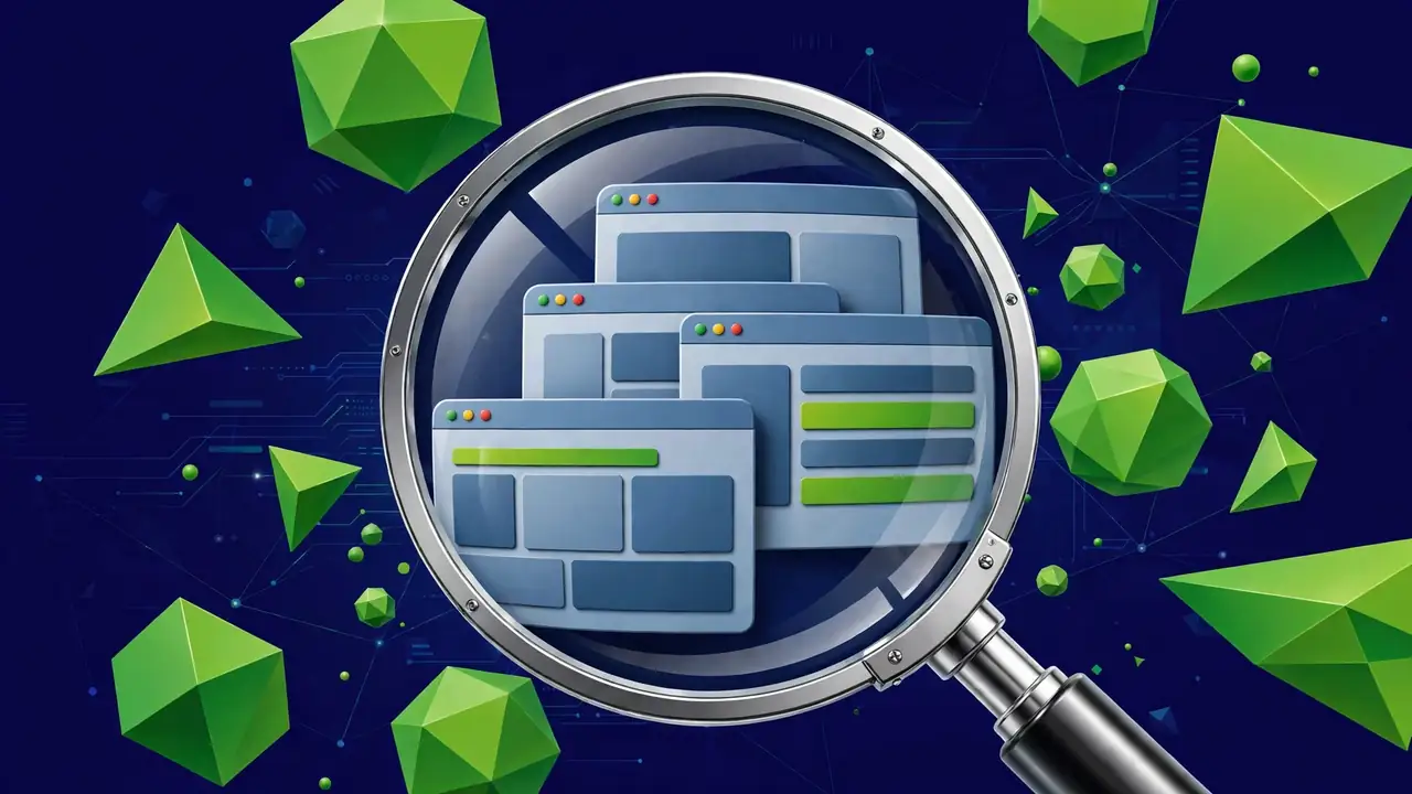 Abstract illustration of browser windows being inspected under a magnifying lens on a deep navy background.