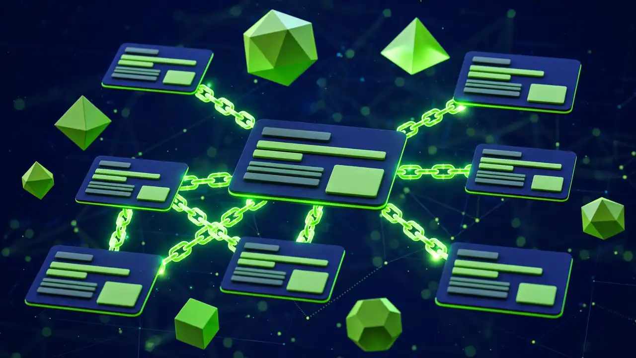 Abstract illustration of web pages linked by glowing chains in a network map on a deep navy background.