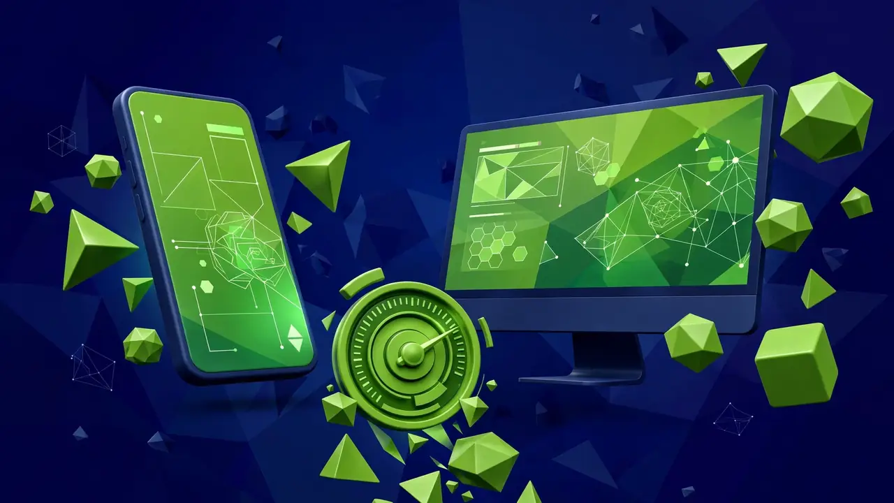 Abstract illustration of a smartphone and desktop screen with a speed gauge on a deep navy background.