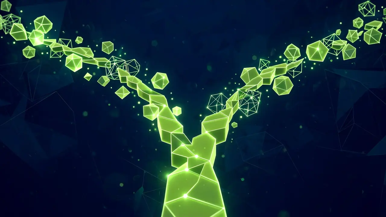 Abstract 3D geometric illustration of a branching decision tree with glowing paths splitting from one point, in deep navy and green.