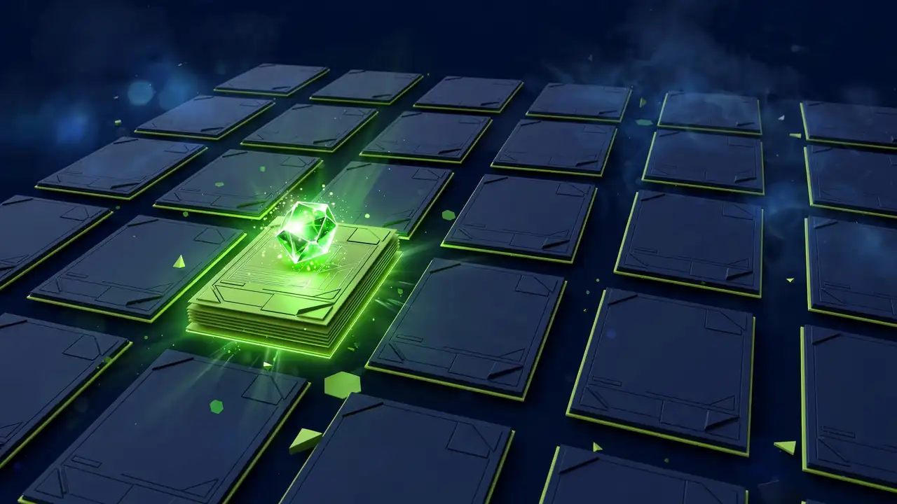 Abstract 3D geometric illustration of two diverging glowing pathways representing front-page versus posts-page template choice, in navy and green.