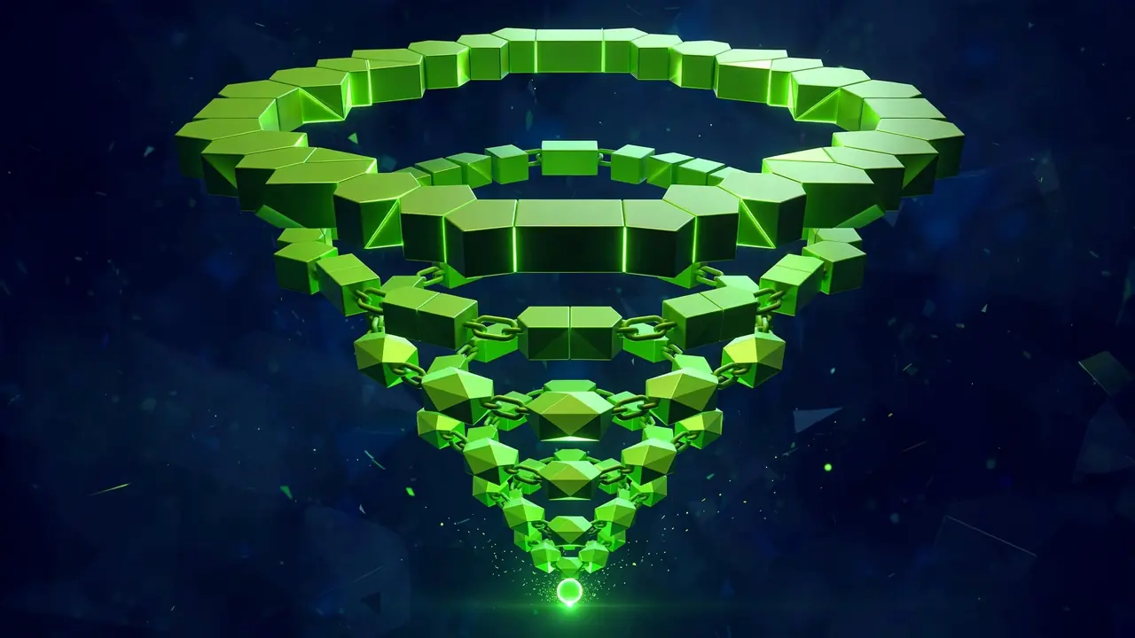 Abstract 3D geometric illustration of a magnifying glass inspecting a branching file tree structure on a deep navy background with green accents.