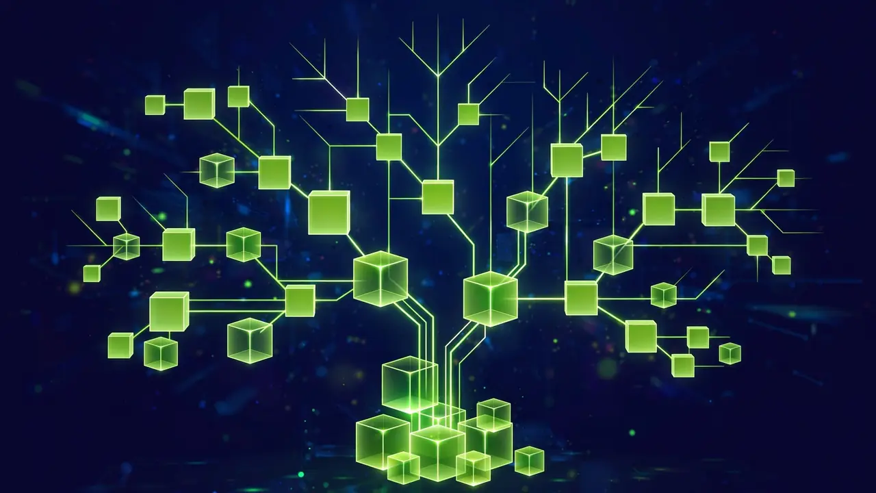 Abstract 3D illustration of a branching tree diagram built from glowing cubes, in deep navy and green