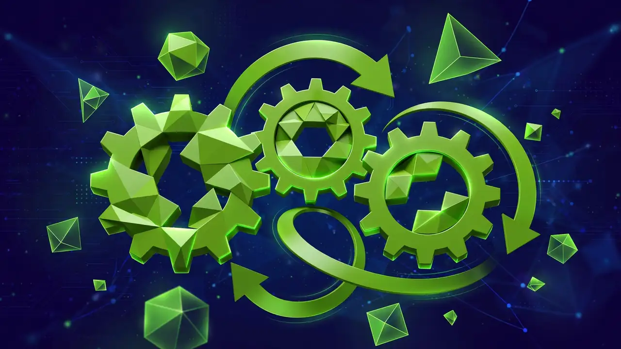 Abstract 3D illustration of interlocking gears with circular refresh arrows, in deep navy and green