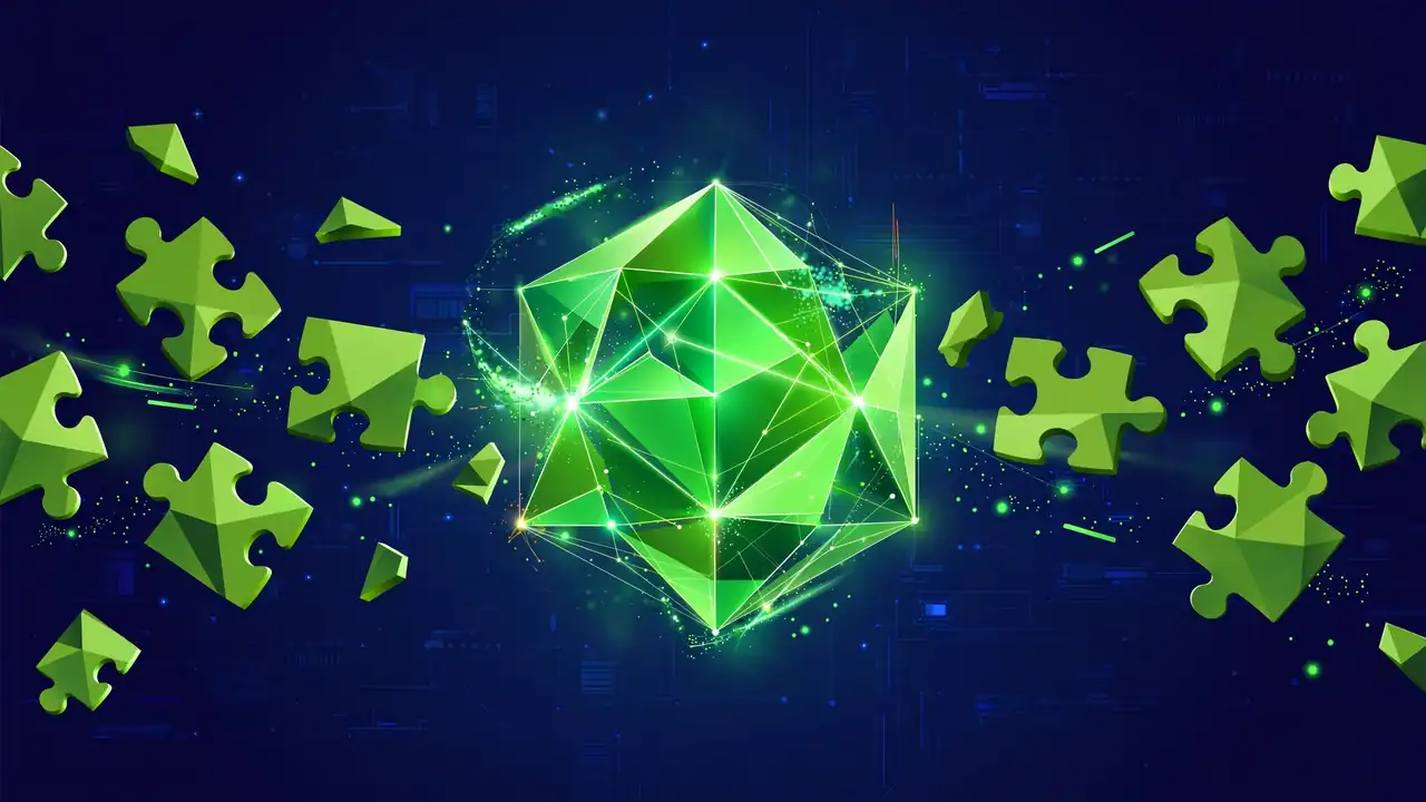 Abstract 3D illustration of broken puzzle pieces snapping into a complete shape, in deep navy and green