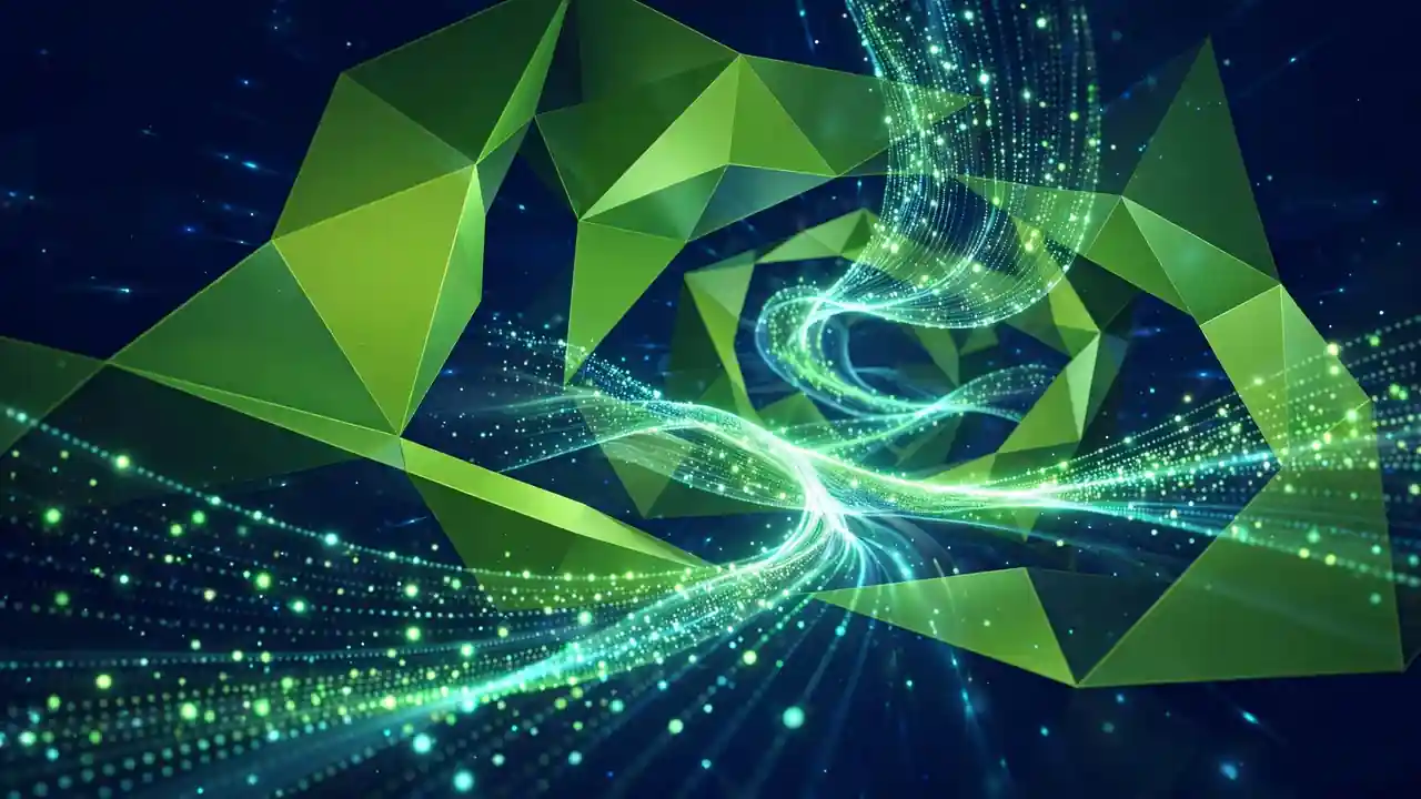 Abstract 3D illustration of flowing streams of glowing data particles, in deep navy and green